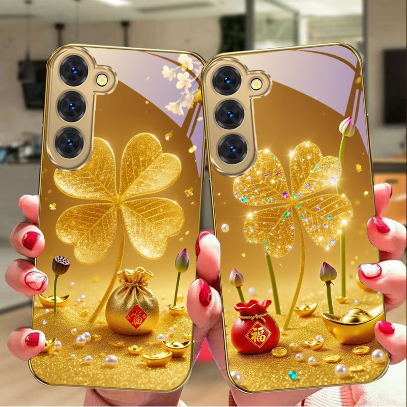 Samsung Galaxy S24 - غطاء هاتف زجاجي ذهبي ضخم بتصميم